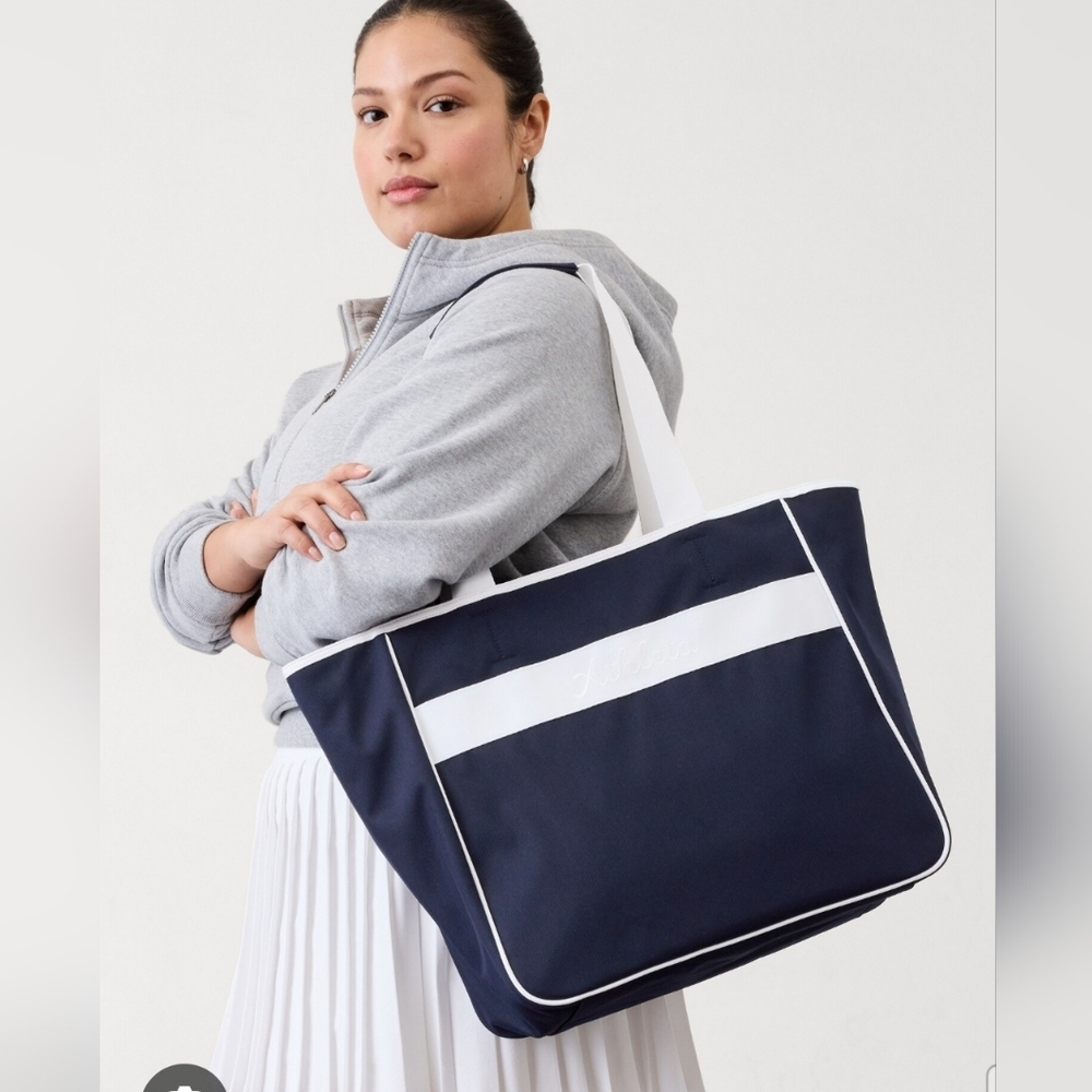 NEW Athleta All About Canvas Large Tote Weekend Bag Market Navy White Trim NWOT